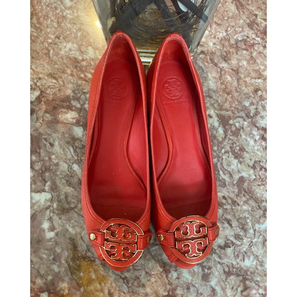 Tory Burch Amanda Orange Red Leather Open Toe Wedge Heel Shoes 10M ‎ EUC! $278